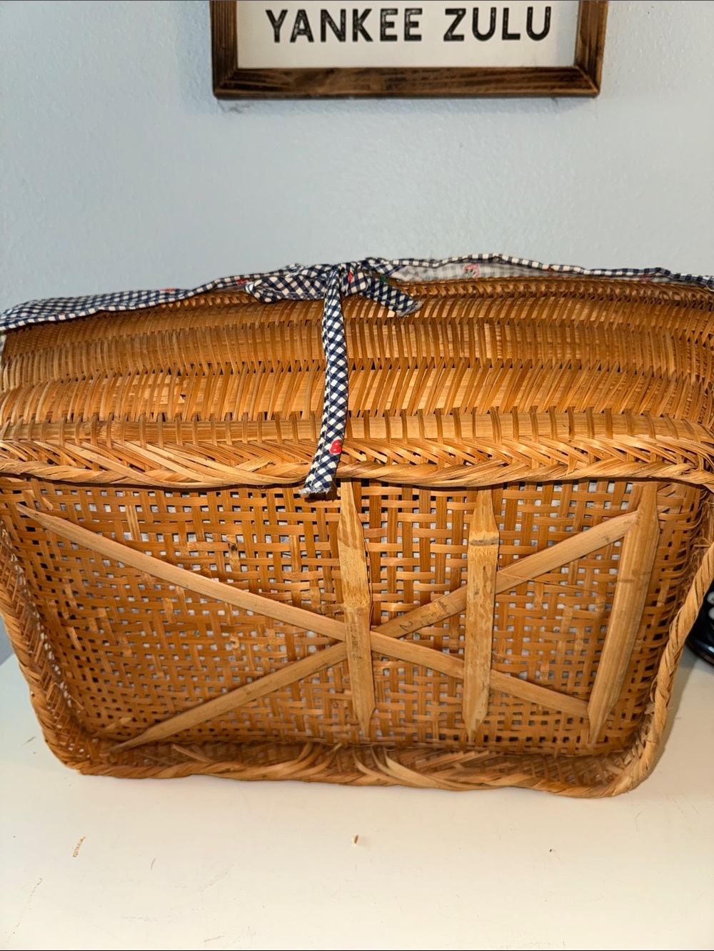 Woven Picnic Basket with Strawberry/Blue Gingham Liner & Handles - Picture 3 of 5